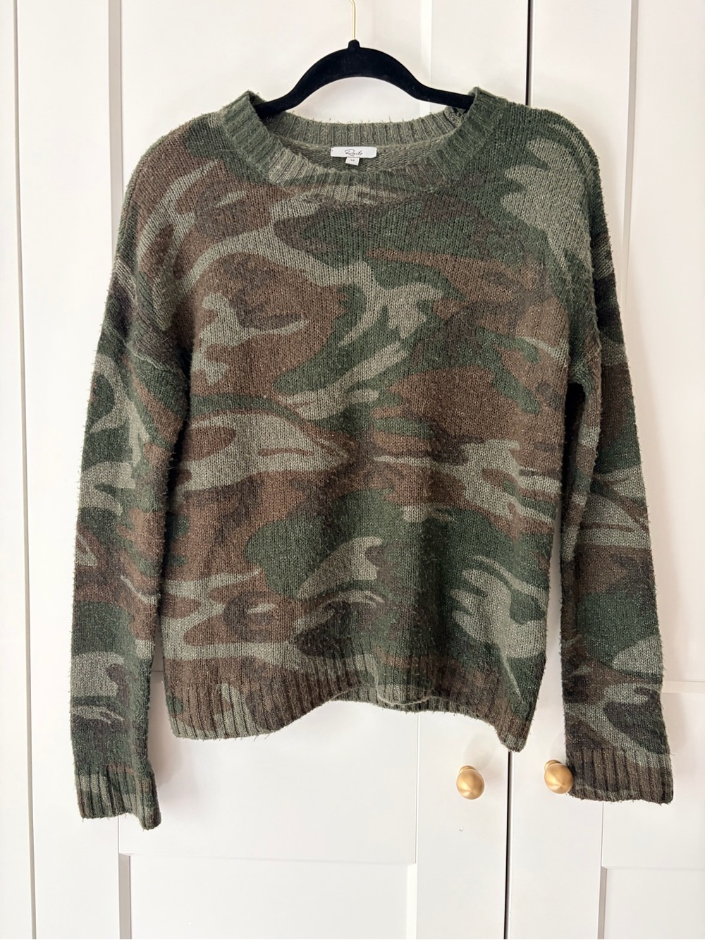 Rails Wool Camo Knit Crewneck Sweater in Green and Brown | XS